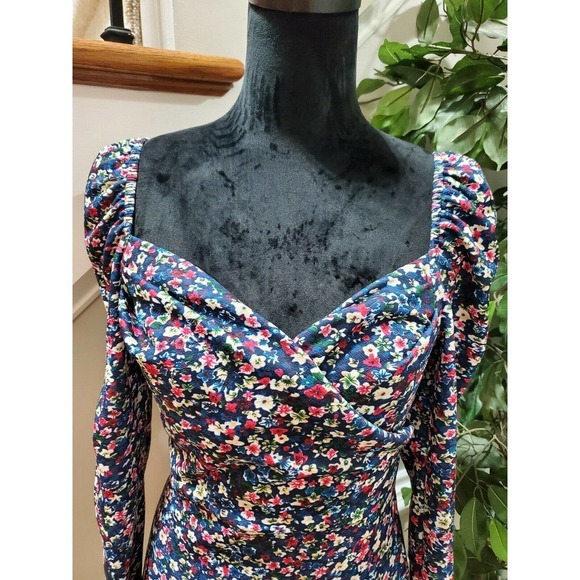 Shein Blue Floral Women's Polyester Long Sleeve Sweatheart Neck Casual Blouse - Picture 4 of 7